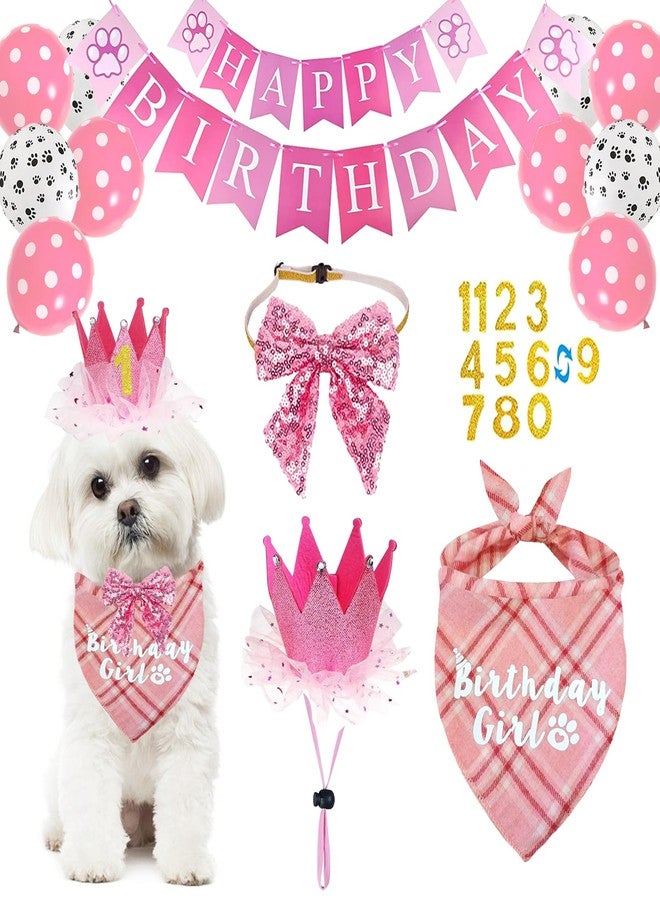 Bolake Pink Bowtie Dog Birthday Bandana & Crown Banner for Small Girl Dog Party Supplies - Image 1